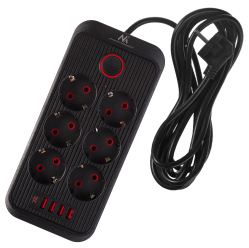 Maclean Listwa zasilająca MCE391 B 6 gniazd 4xUSB-A 1xUSB-C, 110-240V AC 50/60Hz, 2.1A max 2500W, czarna