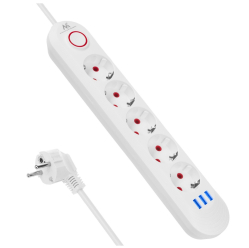 Maclean Listwa zasilająca 5 gniazd MCE395 W 3xUSB, 110-240v AC 50/60Hz, 2,1A max 2500W, biała