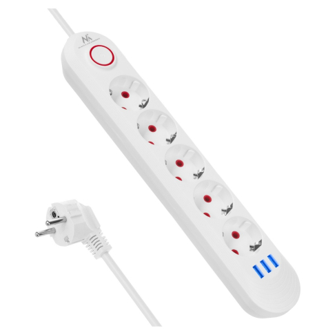 Maclean Listwa zasilająca 5 gniazd MCE395 W 3xUSB, 110-240v AC 50/60Hz, 2,1A max 2500W, biała