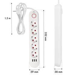 Maclean Listwa zasilająca 5 gniazd MCE395 W 3xUSB, 110-240v AC 50/60Hz, 2,1A max 2500W, biała