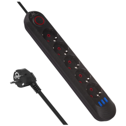Maclean Listwa zasilająca MCE395 B 5 gniazd 3xUSB, 110-240V AC 50/60Hz, 2.1A max 2500W, czarna