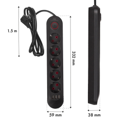 Maclean Listwa zasilająca MCE395 B 5 gniazd 3xUSB, 110-240V AC 50/60Hz, 2.1A max 2500W, czarna