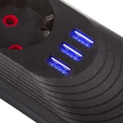 Maclean Listwa zasilająca MCE395 B 5 gniazd 3xUSB, 110-240V AC 50/60Hz, 2.1A max 2500W, czarna