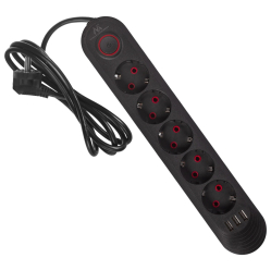 Maclean Listwa zasilająca MCE395 B 5 gniazd 3xUSB, 110-240V AC 50/60Hz, 2.1A max 2500W, czarna