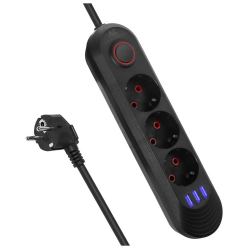 Maclean Listwa zasilająca MCE394 B, 1,5m|3 gniazda + 3xUSB. 110-240V AC 50/60Hz, 2.1A max 2500W, czarna
