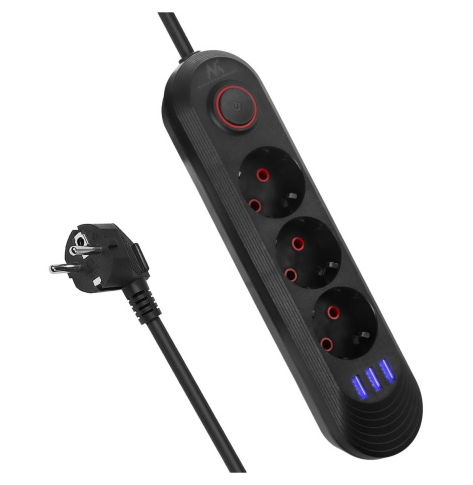 Maclean Listwa zasilająca MCE394 B, 1,5m|3 gniazda + 3xUSB. 110-240V AC 50/60Hz, 2.1A max 2500W, czarna