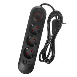 Maclean Listwa zasilająca MCE394 B, 1,5m|3 gniazda + 3xUSB. 110-240V AC 50/60Hz, 2.1A max 2500W, czarna