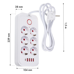 Maclean Listwa zasilająca MCE389 W 6 gniazd 4xUSB-A 1xUSB-C 110-240V, AC 50/60Hz, 2.1A max 2500W biała