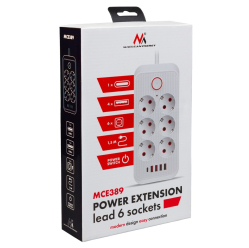 Maclean Listwa zasilająca MCE389 W 6 gniazd 4xUSB-A 1xUSB-C 110-240V, AC 50/60Hz, 2.1A max 2500W biała
