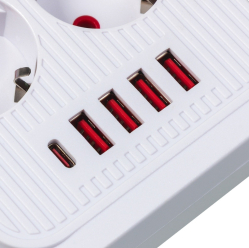 Maclean Listwa zasilająca MCE389 W 6 gniazd 4xUSB-A 1xUSB-C 110-240V, AC 50/60Hz, 2.1A max 2500W biała