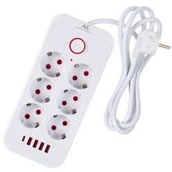 Maclean Listwa zasilająca MCE389 W 6 gniazd 4xUSB-A 1xUSB-C 110-240V, AC 50/60Hz, 2.1A max 2500W biała