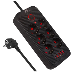 Maclean Listwa zasilająca MCE389 B 6 gniazd 4xUSB-A, 1xUSB-C 110-240V AC 50/60Hz, 2.1A max 2500W, czarna