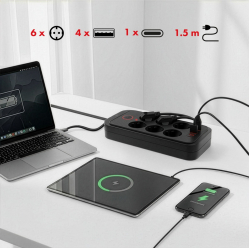Maclean Listwa zasilająca MCE389 B 6 gniazd 4xUSB-A, 1xUSB-C 110-240V AC 50/60Hz, 2.1A max 2500W, czarna