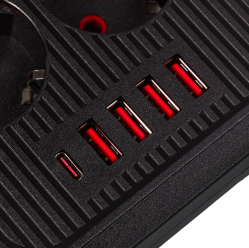 Maclean Listwa zasilająca MCE389 B 6 gniazd 4xUSB-A, 1xUSB-C 110-240V AC 50/60Hz, 2.1A max 2500W, czarna