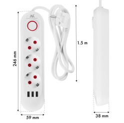 Maclean Listwa zasilająca MCE394 W 3 gniazda 3xUSB, 110-240V AC 50/60, 2.1A max 2500W, biała 