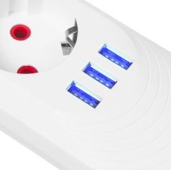 Maclean Listwa zasilająca MCE394 W 3 gniazda 3xUSB, 110-240V AC 50/60, 2.1A max 2500W, biała 