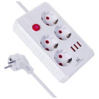 Listwa zasilająca Maclean MCE392 W 4 gniazda 3xUSB, 110-240V AC 50/60Hz, 2.1A max 2500W 1,5m biała