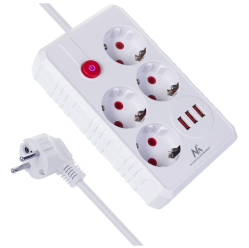 Listwa zasilająca Maclean MCE392 W 4 gniazda 3xUSB, 110-240V AC 50/60Hz, 2.1A max 2500W 1,5m biała