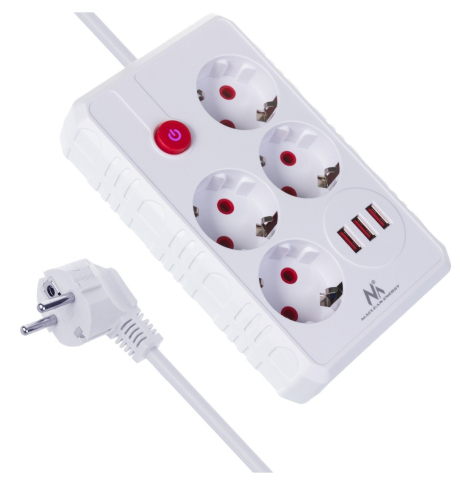 Listwa zasilająca Maclean MCE392 W 4 gniazda 3xUSB, 110-240V AC 50/60Hz, 2.1A max 2500W 1,5m biała