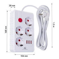 Listwa zasilająca Maclean MCE392 W 4 gniazda 3xUSB, 110-240V AC 50/60Hz, 2.1A max 2500W 1,5m biała
