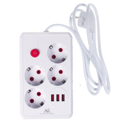 Listwa zasilająca Maclean MCE392 W 4 gniazda 3xUSB, 110-240V AC 50/60Hz, 2.1A max 2500W 1,5m biała
