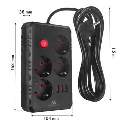 Listwa zasilająca Maclean MCE392 B, 4 gniazda 3xUSB, 110-240V AC 50/60Hz, 2.1A max 2500W, 1,5m czarna