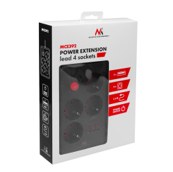 Listwa zasilająca Maclean MCE392 B, 4 gniazda 3xUSB, 110-240V AC 50/60Hz, 2.1A max 2500W, 1,5m czarna