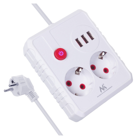 Maclean Listwa zasilająca, MCE388 W 2 gniazda, 3xUSB, 110-240V AC 50/60Hz, 2.1A max 2500W, 3m biała