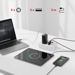 Maclean Listwa zasilająca, MCE388 W 2 gniazda, 3xUSB, 110-240V AC 50/60Hz, 2.1A max 2500W, 3m biała