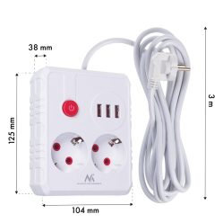 Maclean Listwa zasilająca, MCE388 W 2 gniazda, 3xUSB, 110-240V AC 50/60Hz, 2.1A max 2500W, 3m biała
