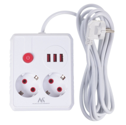Maclean Listwa zasilająca, MCE388 W 2 gniazda, 3xUSB, 110-240V AC 50/60Hz, 2.1A max 2500W, 3m biała