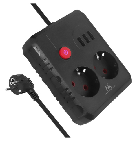 Maclean Listwa zasilająca MCE388 B 2 gniazda, 3xUSB, 110-240V AC 50/60Hz, 2.1A max 2500W, 3m czarna