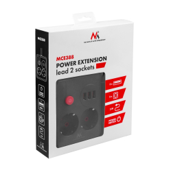 Maclean Listwa zasilająca MCE388 B 2 gniazda, 3xUSB, 110-240V AC 50/60Hz, 2.1A max 2500W, 3m czarna