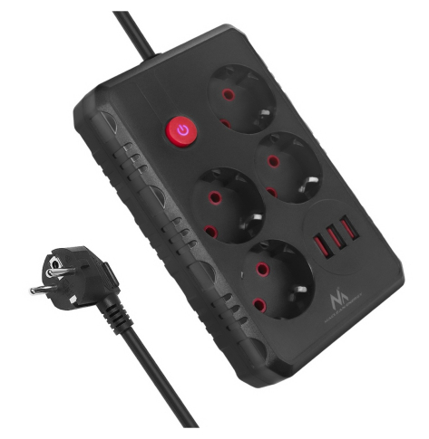 Maclean Listwa zasilająca MCE393 B 4 gniazda 3xUSB 110-240V AV 50/60Hz 1A max 2500W 3m czarna