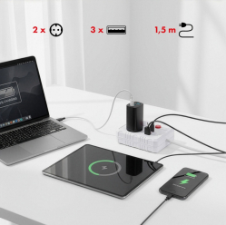 Listwa zasilająca Maclean 2 gniazda MCE387 W 3xUSB, 110-240V AC 50/60Hz, 2.1A max 2500W, 1.5m, biała