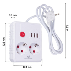 Listwa zasilająca Maclean 2 gniazda MCE387 W 3xUSB, 110-240V AC 50/60Hz, 2.1A max 2500W, 1.5m, biała