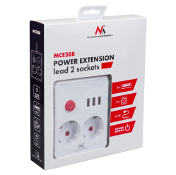 Listwa zasilająca Maclean 2 gniazda MCE387 W 3xUSB, 110-240V AC 50/60Hz, 2.1A max 2500W, 1.5m, biała