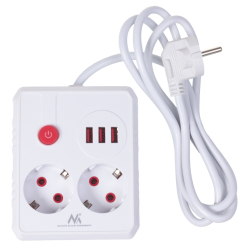 Listwa zasilająca Maclean 2 gniazda MCE387 W 3xUSB, 110-240V AC 50/60Hz, 2.1A max 2500W, 1.5m, biała
