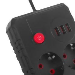 Maclean Listwa zasilająca MCE387 B 2 gniazda 3xUSB, 110-240V AC 50/60Hz 2,1A max 2500W, 1,5m czarna