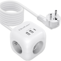 Qoltec Kostka zasilająca przedłużacz 6w1 z podświetlanym włącznikiem | 3x AC | 2x USB | 1x USB-C PD 20W | biała | kabel 2m 
