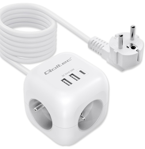 Qoltec Kostka zasilająca przedłużacz 6w1 z podświetlanym włącznikiem | 3x AC | 2x USB | 1x USB-C PD 20W | biała | kabel 2m
