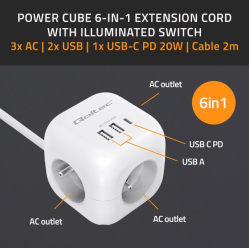 Qoltec Kostka zasilająca przedłużacz 6w1 z podświetlanym włącznikiem | 3x AC | 2x USB | 1x USB-C PD 20W | biała | kabel 2m 