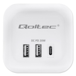 Qoltec Kostka zasilająca przedłużacz 6w1 z podświetlanym włącznikiem | 3x AC | 2x USB | 1x USB-C PD 20W | biała | kabel 2m 