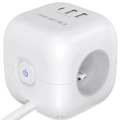 Qoltec Kostka zasilająca przedłużacz 6w1 z podświetlanym włącznikiem | 3x AC | 2x USB | 1x USB-C PD 20W | biała | kabel 2m 