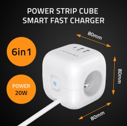 Qoltec Kostka zasilająca przedłużacz 6w1 z podświetlanym włącznikiem | 3x AC | 2x USB | 1x USB-C PD 20W | biała | kabel 2m 