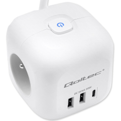 Qoltec Kostka zasilająca przedłużacz 6w1 z podświetlanym włącznikiem | 3x AC | 2x USB | 1x USB-C PD 20W | biała | kabel 2m 