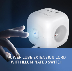 Qoltec Kostka zasilająca przedłużacz 6w1 z podświetlanym włącznikiem | 3x AC | 2x USB | 1x USB-C PD 20W | biała | kabel 2m 