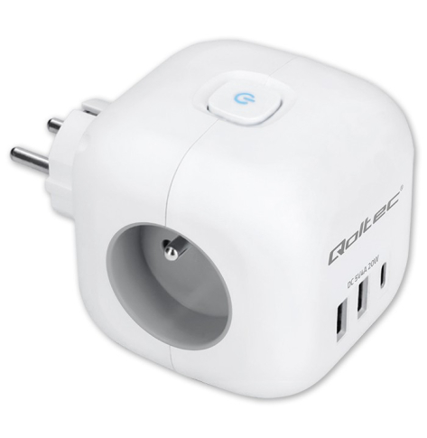 Qoltec Kostka zasilająca przedłużacz 6w1 z podświetlanym włącznikiem | 3x AC | 2x USB | 1x USB-C PD 20W | biała