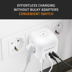 Qoltec Kostka zasilająca przedłużacz 6w1 z podświetlanym włącznikiem | 3x AC | 2x USB | 1x USB-C PD 20W | biała