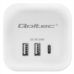Qoltec Kostka zasilająca przedłużacz 6w1 z podświetlanym włącznikiem | 3x AC | 2x USB | 1x USB-C PD 20W | biała